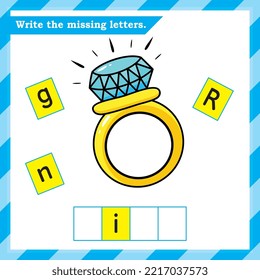 English worksheet for kids - write the missing letters - alphabet practice worksheet - Ring