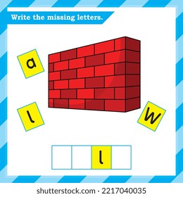 English worksheet for kids - write the missing letters - alphabet practice worksheet - Wall