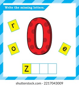 English worksheet for kids - write the missing letters - alphabet practice worksheet - Zero