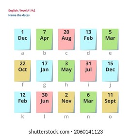 Englische Tabelle der Monate und Daten. Vektor-Handout für Englischstunden. 