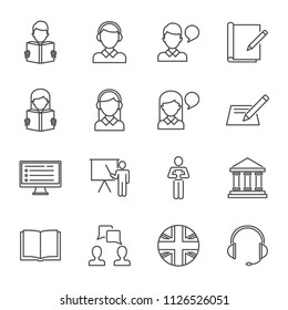 English-language test, language learning set of vector icons outline style