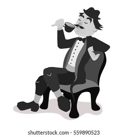 Englishman Drinking Tea From A Little Teacup And Extend His Pinky Finger. Black And White Isolated Vector Illustration.