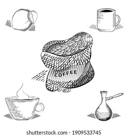 Engrave black and white sketch. Vector set of coffee, lime, bag and cup of espresso sketch.