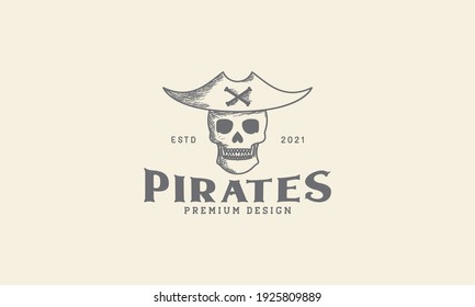 engrave human head skull with hat pirates logo design vector icon symbol graphic illustration