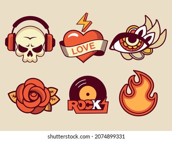 engrave vintage design of heart, vinyl, all seeing eye, fire, skull for sticker, print, t-shirt, label 