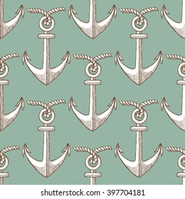 Engraved anchor in vintage style, vector seamless pattern