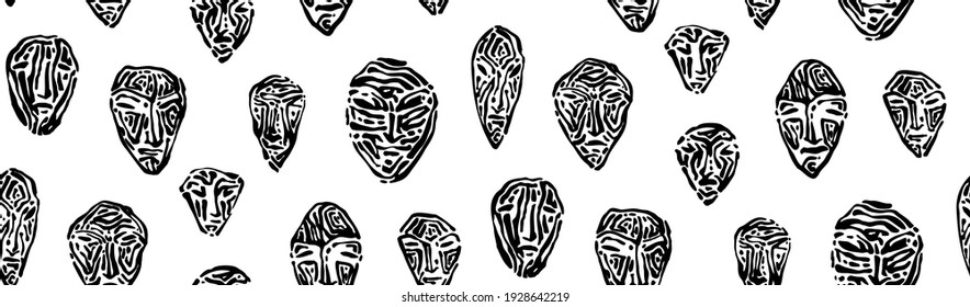 Engraved ancient stone masks seamless pattern. Endless hand drawn human face prints graphic vector illustration, black isolated on white background painted by ink. 