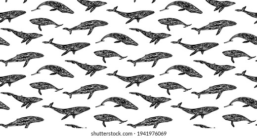 Patrón de ballena antigua grabado sin costuras. Interminables animales de océano dibujados a mano imprimen ilustraciones vectoriales gráficas, peces negros aislados en fondo blanco pintado con tinta. 