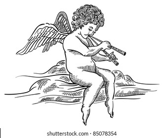 engraved angel musician on cloud