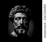 Engraved antique face - poster. Vector line pattern of ancient Greek portrait (closeup man head). Digital graphic for cover, historic artwork, currency, money design, ancient picture