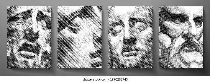 Engraved antique face - poster. Vector line pattern (guilloche) of ancient Greek portrait (closeup man head). Digital graphic for cover, historic artwork, currency, money design, ancient picture - Shutterstock ID 1990282745