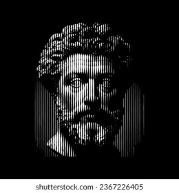 Engraved antique face - poster. Vector line pattern of ancient Greek portrait (closeup man head). Digital graphic for cover, historic artwork, currency, money design, ancient picture