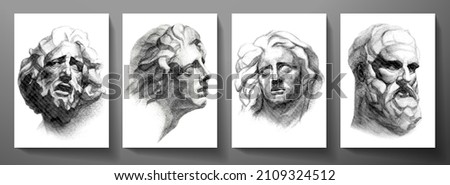 Engraved antique head - poster. Vector line pattern (guilloche) of ancient Greek portrait (closeup man face). Digital graphic for cover, historic artwork, currency, money design, picture