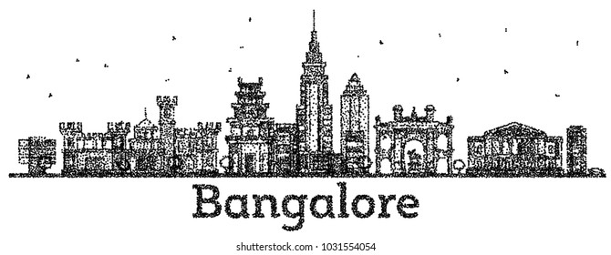 Engraved Bangalore India City Skyline with Black Buildings Isolated on White. Vector Illustration. Bangalore Cityscape with Landmarks.