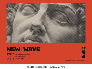 Engraved banner with an antique statue. A bright and contemporary design for a flyer or banner or poster. T-shirt print. Vector vintage illustration. New Wave.
