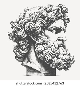 Engraved bust of an ancient Greek god with flowing curly hair and a strong expression. Classical mythological artwork.