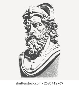 Engraved bust of an ancient warrior with a majestic beard and a crested helmet. Inspired by Greek and Roman mythology, this vintage illustration embodies strength, wisdom, and heroism.