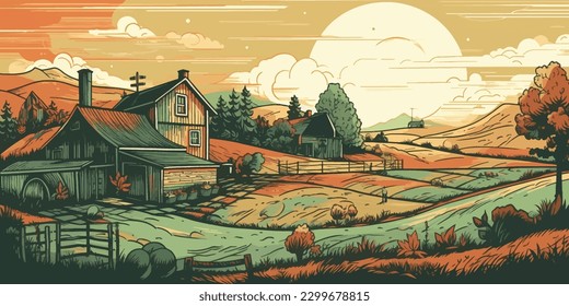 Engraved Charm of Countryside  Hand drawn Panorama of Farm in Rustic Landscape
