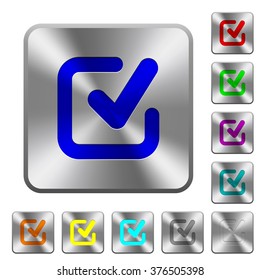 Engraved checkmark icons on rounded square steel buttons