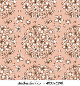 Engraved cherry blossom seamless pattern in vintage style, vector