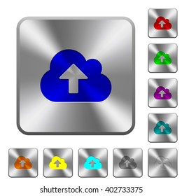 Engraved cloud upload icons on rounded square steel buttons