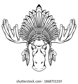 Engraved contour illustration of a moose head with antlers and an Indian cap made of feathers. Roach Chieftain. Boho vector illustration for cards, stickers, t-shirt prints and your design.