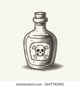 Engraved Detailed Poison Bottle with Skull and Crossbones Illustration