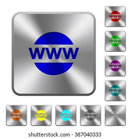 Engraved domain icons on rounded square steel buttons