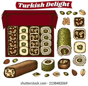 Engraved drawing colorful Turkish Delight isolated on white background. Sketch hand drawn chocolate Rahat Lokum box, outline jelly dessert, oriental sweets, pistachio, almond. Vector illustration.