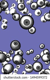 Engraved drawing monochrome crowd of spooky eyeball illustration pattern on blank  purple or violet space banner background for Halloween event