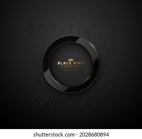 Engraved elegant monoline monogram with glossy black ring design template. Vector heraldic illustration. Geometric calligraphic logo frame. Luxury ornament line sign, Restaurant, Boutique, Cafe, Hotel