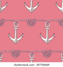 Engraved eternity knot in shape of heart and anchor, vector seamless pattern