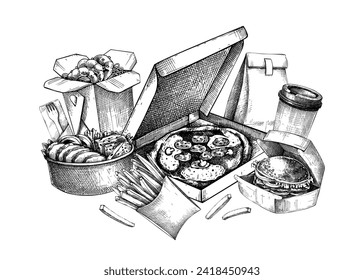 Comida rápida grabada. Ilustración vectorial dibujada a mano. Eliminar el diseño de los menús de comida. Plantilla de banner de entrega de restaurante