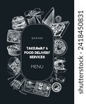 Engraved fast food restaurant flyer. Hand-drawn vector illustration on chalkboard. Burger, pizza box, paper bag, coffee cup sketch. Take away food or delivery menu design, poster template