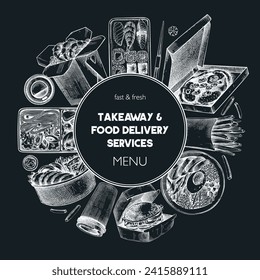 Engraved fast food wreath. Hand-drawn vector illustration on chalkboard. Burger, pizza box, paper bag, coffee cup sketch. Takeaway food menu design. Restaurant delivery frame template