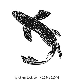 Engraved fish pattern. Vector illustration. Hand drawn koi fish. Japanese carp line drawing symbols meaning carp. For packaging design, branding, banners, posters.