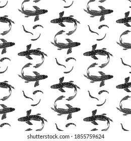 Engraved fish seamless pattern. Black and white Vector illustration. Hand drawn koi fish. Japanese carp line drawing symbols meaning carp. For packaging design, branding, background, print