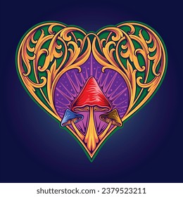 Engraved floral Heart shaped with mushroom accents vector illustrations for your work logo, merchandise t-shirt, stickers and label designs, poster, greeting cards advertising business company  brands