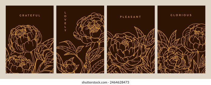 Engraved flower cards with peony blossom. Floral etchings, drawings set, contoured outlined gorgeous Japanese blooms. Detailed woodcut buds in retro style. Hand-drawn graphic vector illustrations