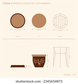 Engraved Flower Pot With Bamboo Technical Drawing. Translation: (Title) Engraved Flower Pot With Bamboo