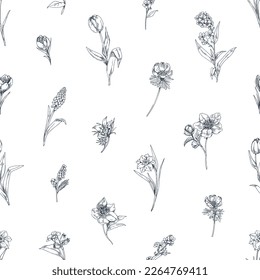 Engraved flowers pattern, botanical repeating print. Vintage outlined contoured floral plants, endless background, texture design. Etched hand-drawn vector illustration for fabric, textile, wrapping