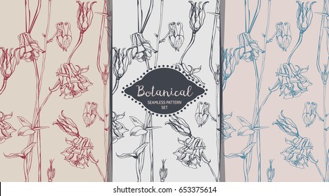 Engraved flowers seamless pattern Aquilegia Vulgaris plant in trendy colors set