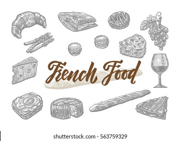 Engraved french food elements set with traditional dishes drinks and products of national cuisine isolated vector illustration