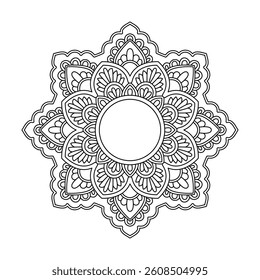 Engraved Geometric Bloom Mandala in Black and White Coloring Book Page