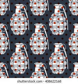 Engraved grenade in vintage style, vector seamless pattern with polka dot