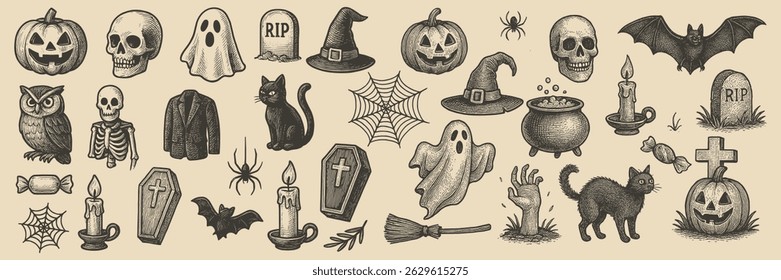 Engraved halloween elements collection offers a spooky and vintage touch perfect for halloween themed designs