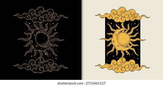 Sol y luna cósmicos dibujados a mano grabados rodeados de nubes y estrellas