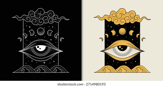 Ojo dibujado a mano grabado en el cielo con nubes onduladas y estrellas dispersas