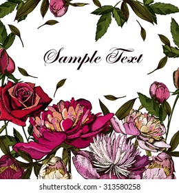 Engraved hand drawn illustrations of peonies and roses. Vector.