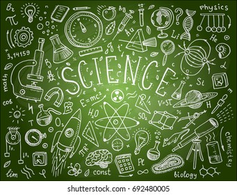 engraved hand drawn in old sketch and vintage style. scientific formulas and calculations in physics and mathematics, chemistry and biology or astronomy on whiteboard. Education and Science.